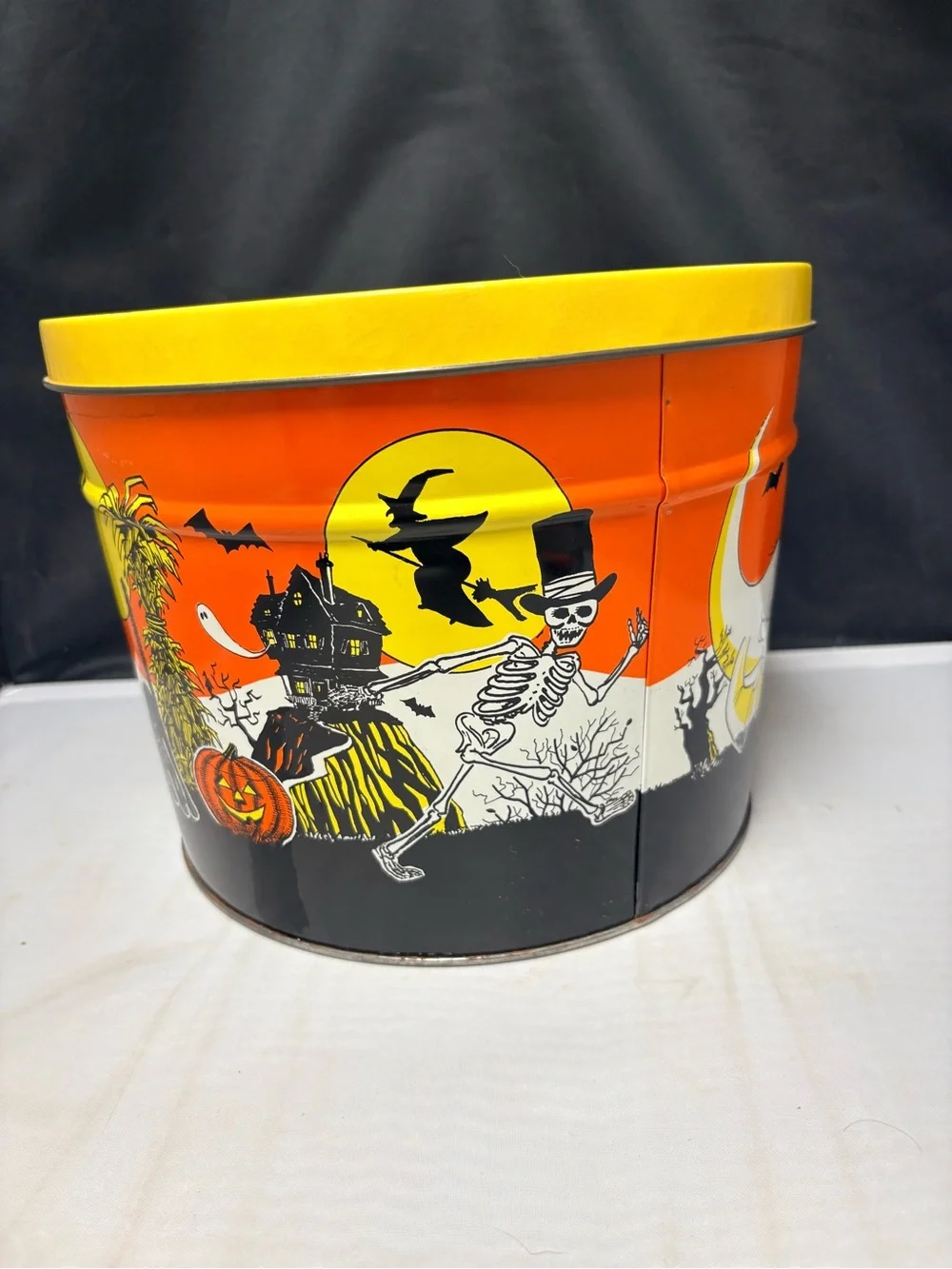 VTG Halloween Metal Tin Storage Litho Bucket Witch Ghost Skeleton Creepy Cool